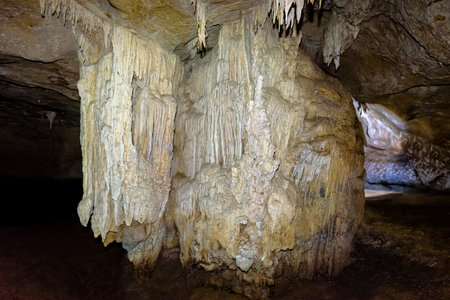 Beautiful nature of stalactite and stalagmite in Crocodile Cave on Koh Tarutao island at Tarutao National Park  in Tarutao National Park, Satun Province, Thailandの写真素材