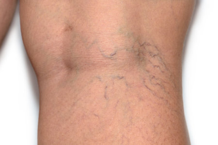 Close up varicose spider vein on skin crook leg elderly woman, Problem thrombosis that can cause blood vessel to clot, Vascular and venous diseases, Health care before the doctor on white backgroundの写真素材