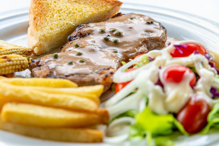 Closeup side view steak pork chop with creamy pepper sauce, Served with french fries, toast, grill baby corn, roast carrot, and vegetables salad on a clean white dish for cooking delicious mealsの写真素材