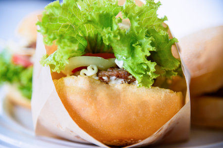 Burger is delicious American fast food, Closeup a hamburger made from pork or beef, green lettuce bread onion and tomato in a paper bag and plate on table background at home to picnic or partyの写真素材