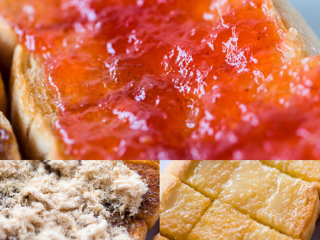 Closeup food, Set of three slices of bread with red strawberry jam, sweet milk, and dried shredded pork, Top view breakfast delicious toast with various is fast food at homemadeの写真素材