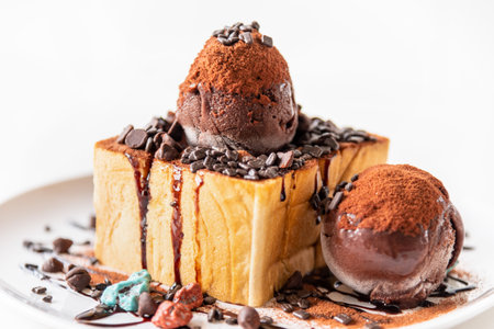 Closeup side view Honey Toast bread and Chocolate brown Ice cream scoop topped with syrup decorate with a chocolate tablet in a white plate on the table sweet cool dessert in summerの写真素材