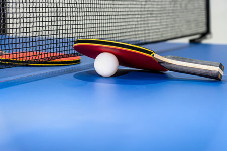 Red table tennis racket and a white ball on the blue table with a black net, Two table tennis paddle is a sports competition equipment indoor activity and exercise for concept backgroundの写真素材