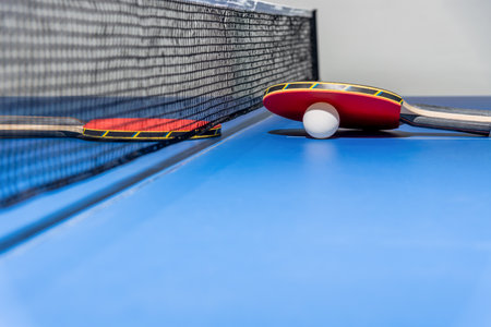 Red table tennis racket and a white ball on the blue table with a black net, Two table tennis paddle is a sports competition equipment indoor activity and exercise for concept backgroundの写真素材