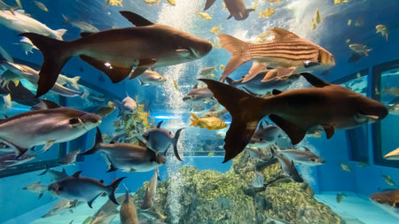 Beautiful nature blue underwater world inside a large aquarium for many species of freshwater fish in Thailandの写真素材