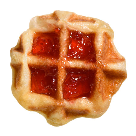 Top view close up of fresh waffles with strawberry jam delicious sweet on top isolated on white background. Making homemade food or dessert at homeの写真素材