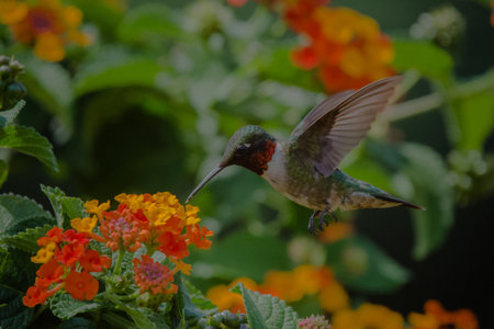 Flying Hummingbird and Flowersの写真素材