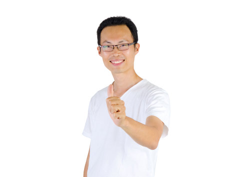 Excited thumb up 40s asian man isolated on white backgroundの写真素材