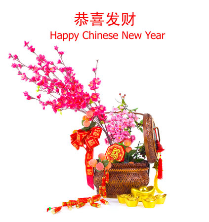 Chinese new year festival decorations, plum blossom flower and gold ingots.の写真素材