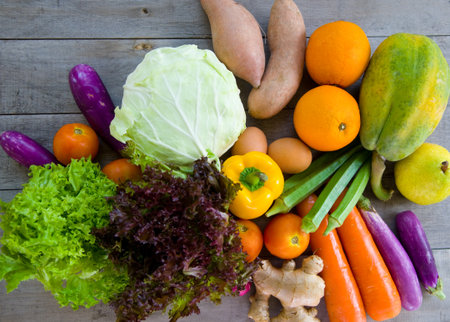 organic food on a Wooden backgroundの写真素材