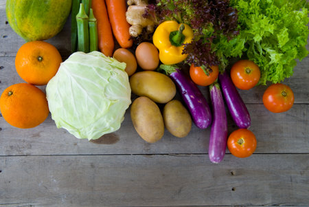 organic food on a Wooden backgroundの写真素材