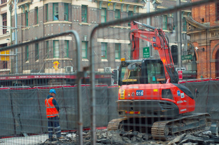 Sydney, Australia - August 15, 2017: George Street footpath closure. Cconstruction access only and road work area.のeditorial素材