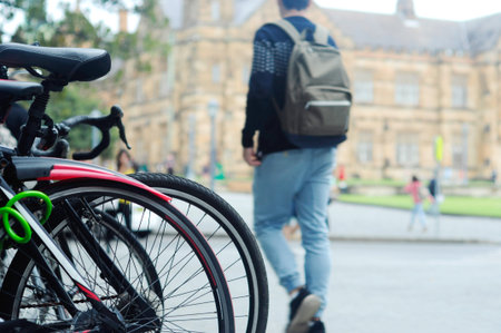 Blurred image of student walking in street at University of Sydneyの写真素材