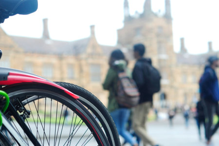 Blurred image of student walking in street at University of Sydneyの写真素材
