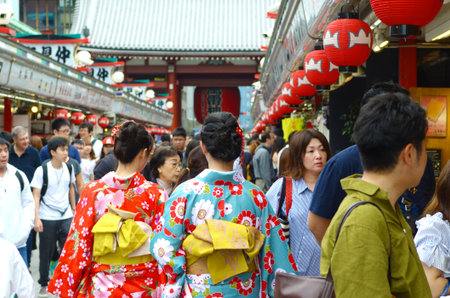 TOKYO JAPAN , MAY 28 2018.Young girl wearing Japanese kimono standing in front of Sensoji Temple in Tokyo, Japan. Kimono is a Japanese traditional garment.のeditorial素材