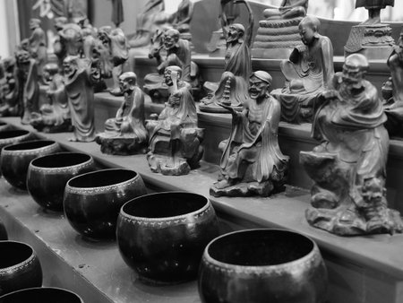The monk's alms bowl process in black and white toneの写真素材