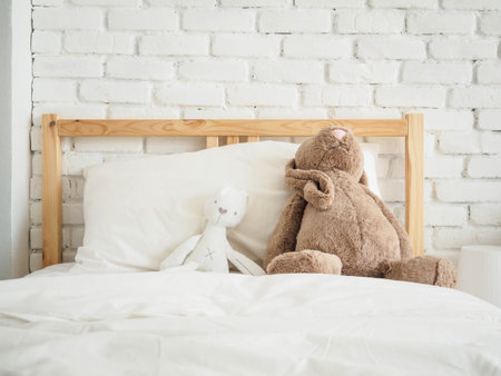 Kid's bedroom with dolls on bed at homeの写真素材