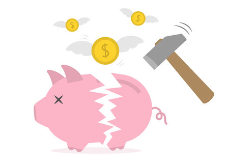 Pink Piggy bank broken and dead with hitting hammer conceptのイラスト素材