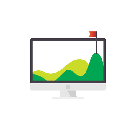 Computer monitoring with mountain and flag on top desktop in flat icon designのイラスト素材