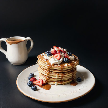 Pancakes with strawberries, blueberries and whipped cream with syrup on a black backgroundの素材