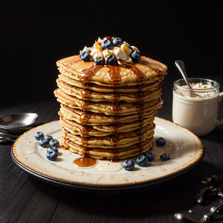 Stack of pancakes with blueberries and maple syrup on dark wooden table with black backgroundの素材