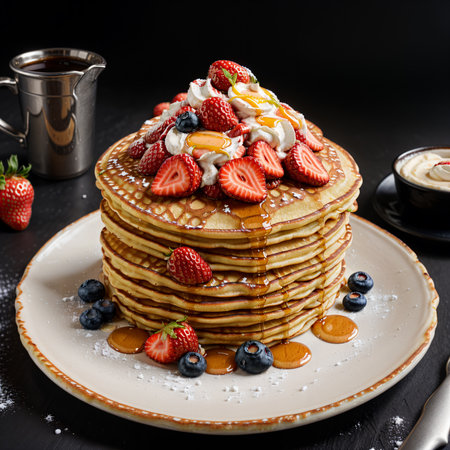 Stack of pancakes with fresh berries and whipped cream and syrup on a black backgroundの素材