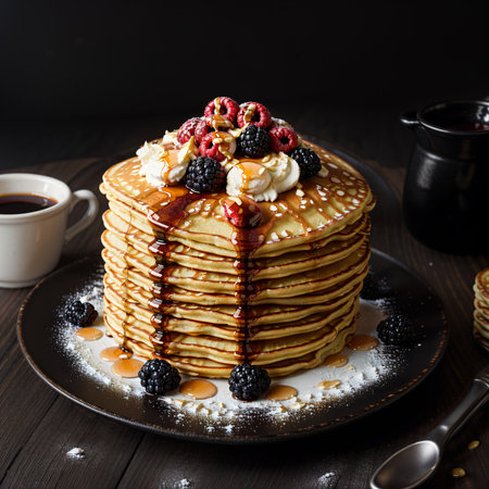 Stack of pancakes with berries and maple syrup on a dark background.の素材