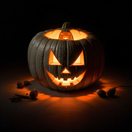 Halloween pumpkin head jack-o-lantern on black backgroundの素材