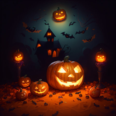 Halloween background with pumpkins, bats and castleの素材
