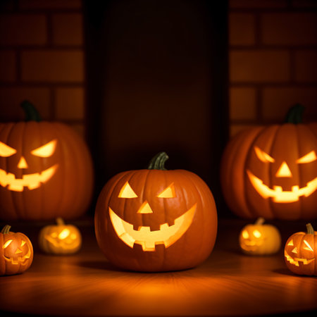 Halloween pumpkins on brick wall background, jack o lanternsの素材