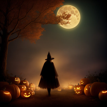 Scarecrow with pumpkins in the forest at night. Halloween backgroundの素材