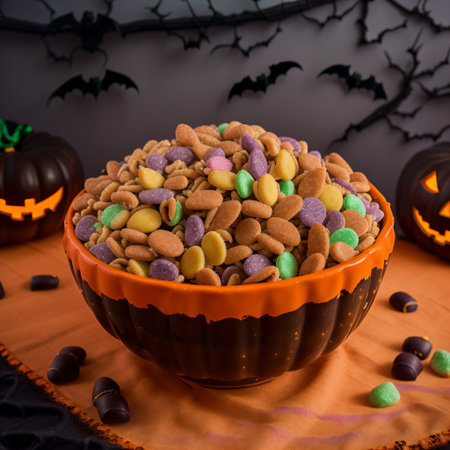 Halloween cookies in a bowl on the background of pumpkins and batsの素材