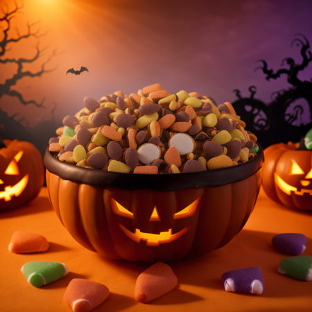 Halloween background with candies and pumpkin Jack O'Lanternの素材
