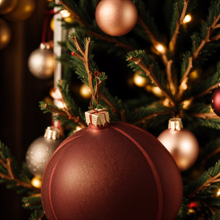 Christmas tree decorated with red and golden baublesの素材