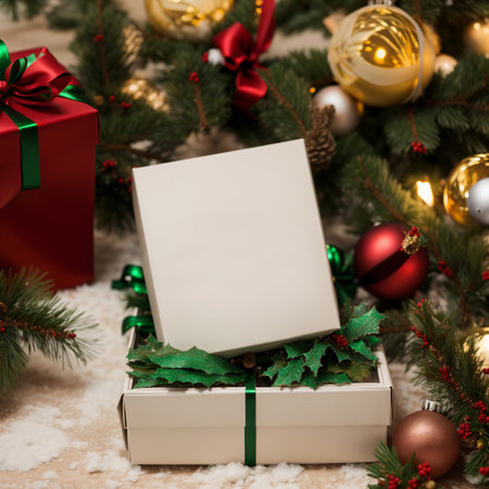 Christmas greeting card on the background of the Christmas decoration and gifts.の素材