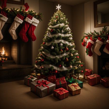 Christmas tree with presents near the fireplace at home. 3d renderの素材