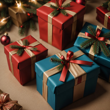 Christmas gift boxes with ribbons and decorationの素材