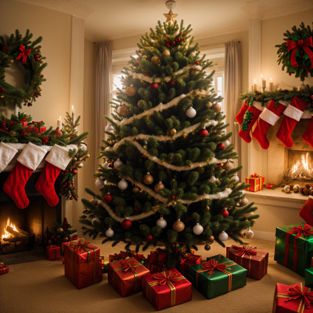 Christmas tree with presents in the living room at home. Christmas backgroundの素材