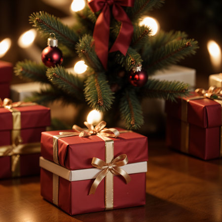 Christmas gift boxes on wooden table with Christmas tree and lights in backgroundの素材