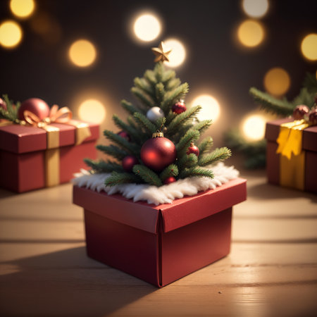 Christmas tree and gift boxes on wooden table with bokeh backgroundの素材