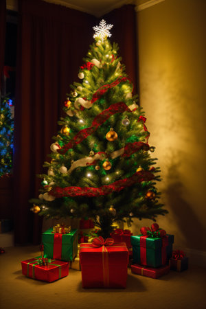 Christmas tree with gifts on the background of the interior of the roomの素材