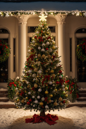 Christmas tree with red and gold ornaments in the evening.の素材