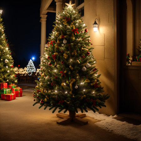Christmas tree with gifts and lights on the background of the street.の素材