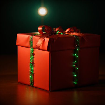 Gift box with glowing lights on dark background. Christmas and New Year concept.の素材