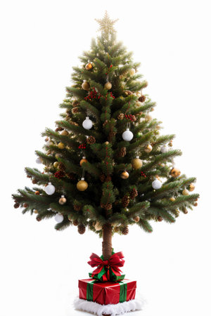 Christmas tree isolated on white background with red gift box and baublesの素材