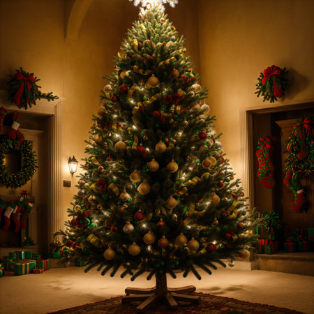 Christmas tree in a room decorated for Christmas and New Year holidays.の素材