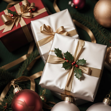 Christmas presents with ornaments on green backgroundの素材