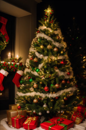 Christmas tree and gifts on the background of a fireplace in the roomの素材