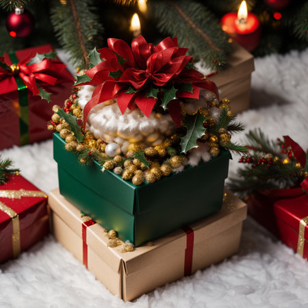 Christmas decoration with gift boxes and christmas tree on white fur backgroundの素材