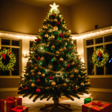 Christmas tree with gifts and lights on the background of the living roomの素材